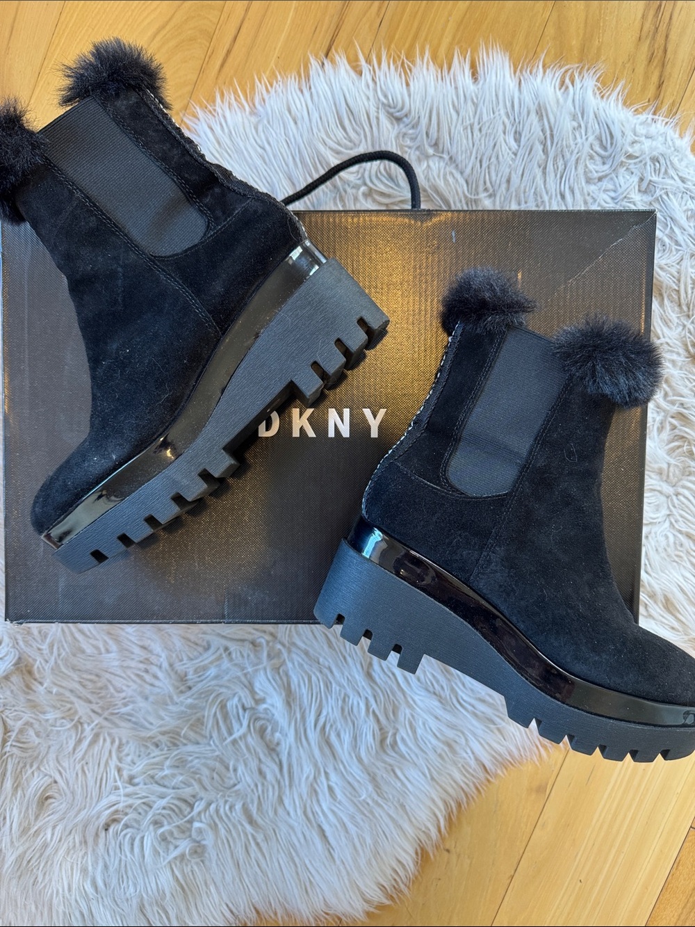 DKNY Black Suede Faux-Fur Trim Chelsea Lug Boots